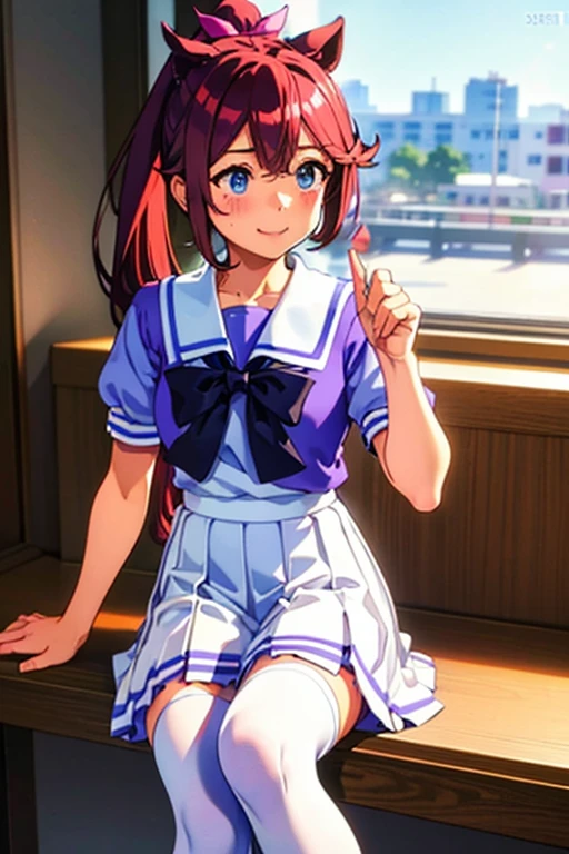 Tokai Teio,smile,high ponytail,fake animal tails,girl,best quality,tracen school uniform, sailor collar, bowtie, purple shirt, sailor shirt, short sleeves, white skirt, white thighhighs,white kneehighs,Narrowed sleeves, long chair,sitting,blue line on the edge of the white skirt,