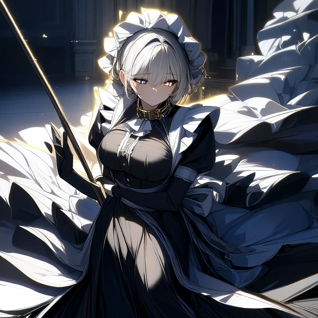 Masterpiece, Very detailed, Ultra-detailed, one tall mature beautiful maid woman. Masterpiece, Very detailed, Ultra-detailed, long lovely silver hair. beautiful dark eclipse-like eyes, her irises are black with a golden outline, her pupils are surrounded by a glowing white light. well endowed. Wearing a collar and leash. wearing chains all over her body. long Victorian maid dress with a long slit in the side going down. Dark-radiance emanating from her. she's holding a broom, sweeping the floors of a military compound. looking at the floor, lost in thought.