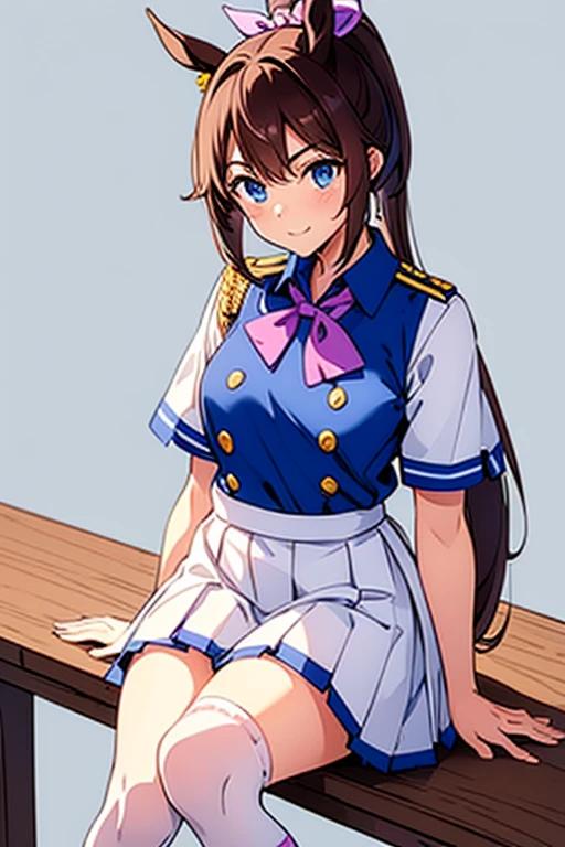 One girl, Alone, smile, Tokai Teio , High Ponytail, fake animal tails,best quality, tracen school uniform, sailor collar, bowtie, purple shirt, sailor shirt, short sleeves, white skirt, white thighhighs,white kneehighs,Narrowed sleeves, long chair,sitting,blue line on the edge of the white skirt,