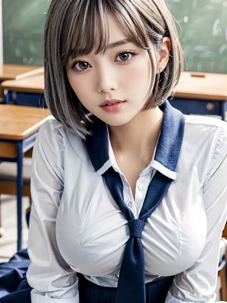 masterpiece,  best quality,  high definition ,  table top、 wallpaper, Realistic,  bright lighting, Professional Lighting,  Face Light, Sleek lighting,  Japanese girl, (large breasts:1.4), cute, Open your mouth to say something,  beautiful girls, gravure,  sexy,  so beautiful, (school uniform:1.4),  beautiful skin ,  beautiful and exquisite eyes 、 detailed face 、slim、Moderate、 shorthair ,Grey Hair、Staring Gaze, cleavage, seductive,