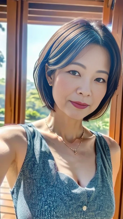 ( best quality, 8k, 32K, masterpiece,  ultra high resolution:1.2),美しい女性のSelfie写真, 45 year old housewife,  very short bob hair, upper body, face focus , blouse,  long skirt,  Necklaces ,  simple background, viewers,(Selfie), ((Selfie)), ((Selfie)),
