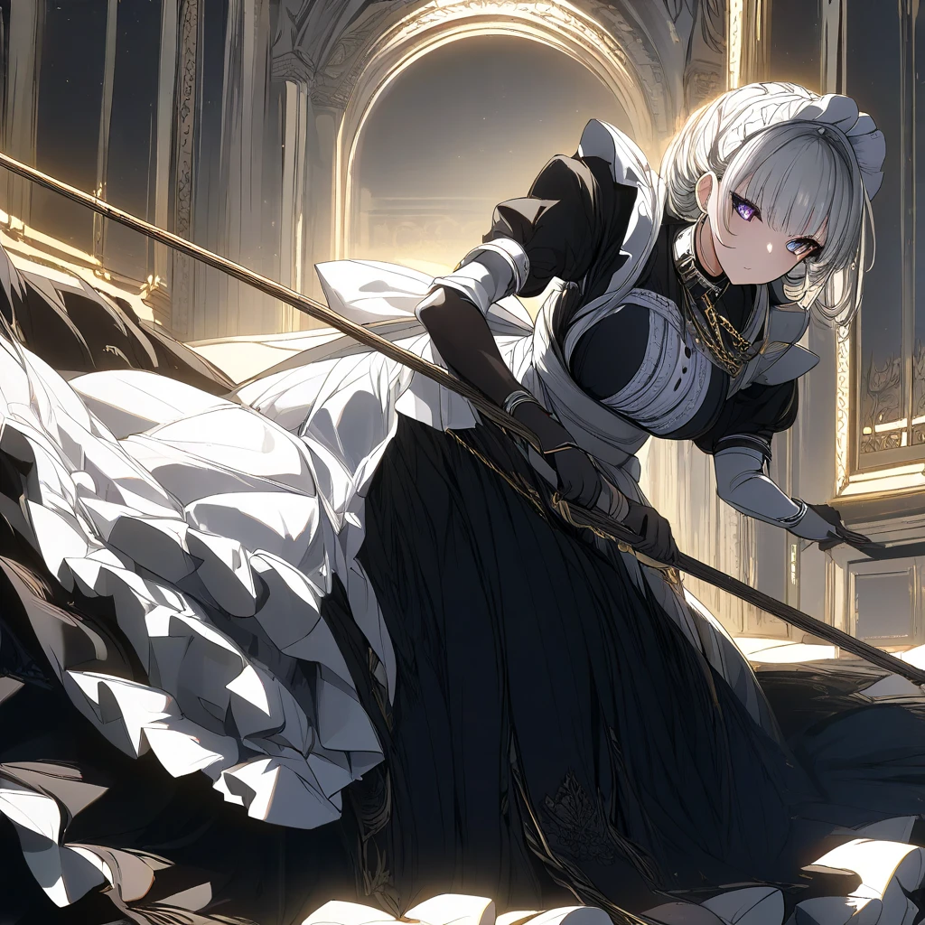 Masterpiece, Very detailed, Ultra-detailed, one tall mature beautiful maid woman. Masterpiece, Very detailed, Ultra-detailed, long lovely silver hair. beautiful dark eclipse-like eyes, her irises are black with a golden outline, her pupils are surrounded by a glowing white light. well endowed. Wearing a collar and leash. wearing chains all over her body. long Victorian maid dress with a long slit in the side going down. Dark-radiance emanating from her. she's holding a broom, sweeping the floors of a military compoun.