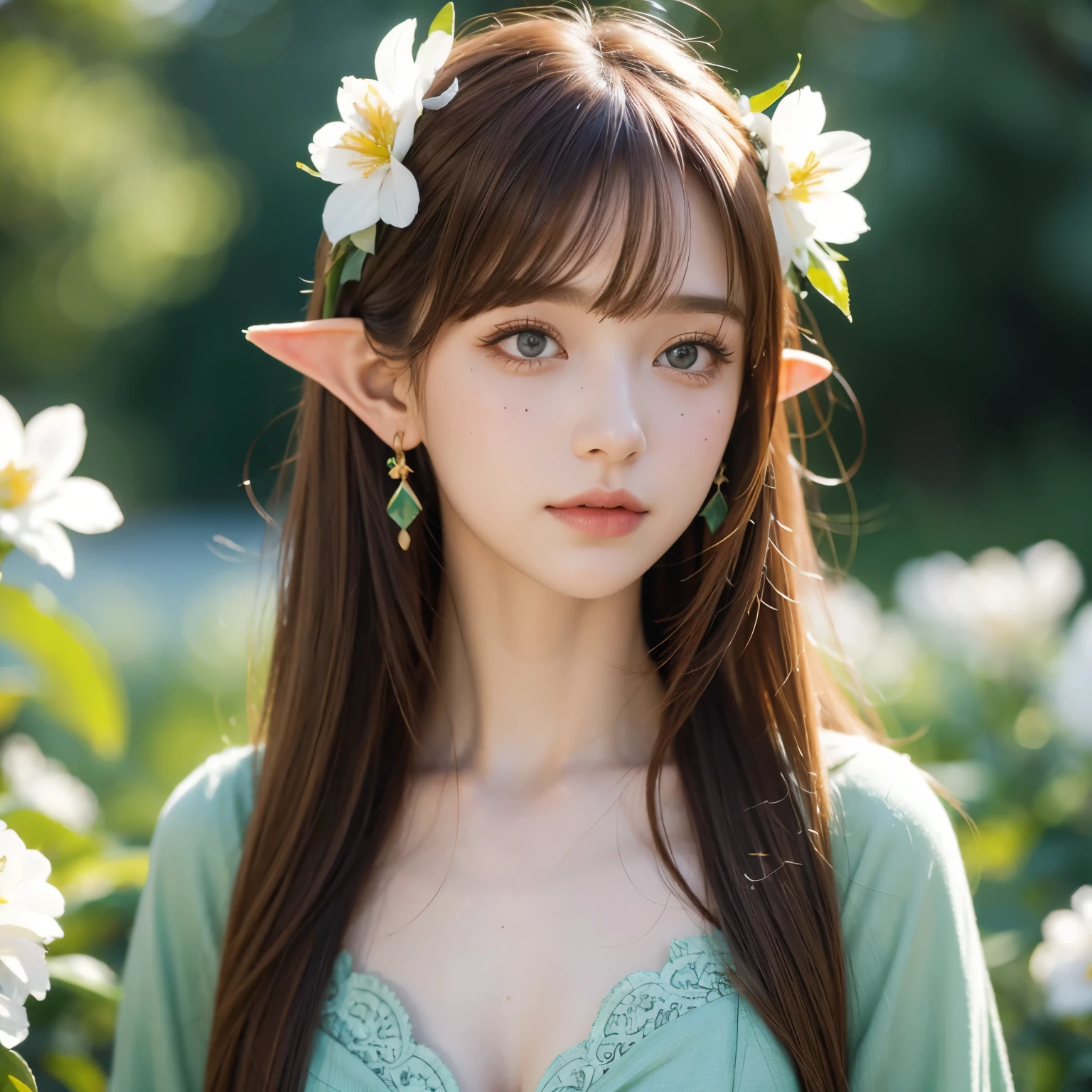 (watercolor: 1.2), Elf Princess, flower, freckle,  bangs, Redhead, Long hair,  green eyes, Hair covering eyes, flower earrings,  blurry background,  high resolution  