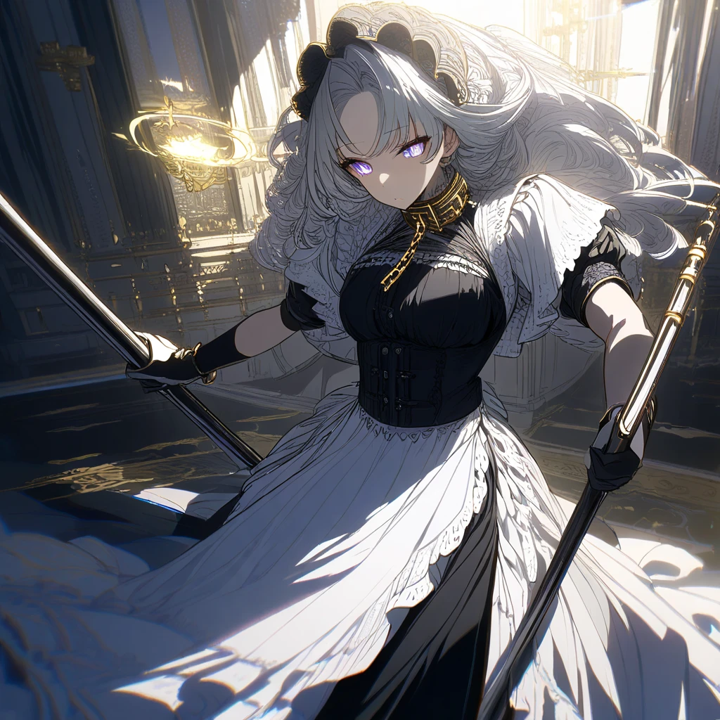 Masterpiece, Very detailed, Ultra-detailed, one tall mature beautiful maid woman. Masterpiece, Very detailed, Ultra-detailed, long lovely silver hair. beautiful dark eclipse-like eyes, her irises are black with a golden outline, her pupils are surrounded by a glowing white light. well endowed. Wearing a collar and leash. wearing chains all over her body. long Victorian maid dress with a long slit in the side going down. Dark-radiance emanating from her. she's holding a broom, sweeping the floors of a military compoun.