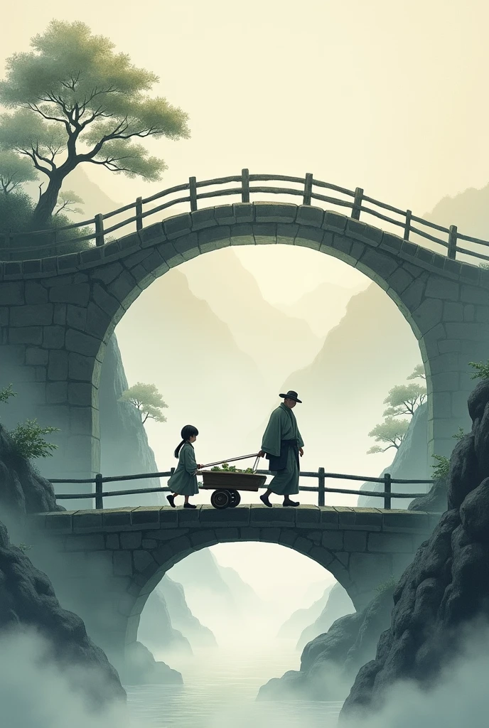 Realistic, theme is "Old bridge shrouded in mist", Old bridge shrouded in mist, Edo period, old man and young girl pulling a cart crossing the arched bridge towards us, Japanese ukiyo-e style, Artwork, Watercolor brush painting, Ink painting, Sophisticated design, 8K quality