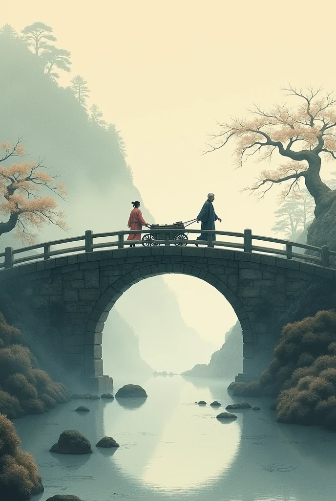 Realistic, theme is "Old bridge shrouded in mist", Old bridge shrouded in mist, Edo period, old man and young girl pulling a cart crossing the arched bridge towards us, Japanese ukiyo-e style, Artwork, Watercolor brush painting, Ink painting, Sophisticated design, 8K quality