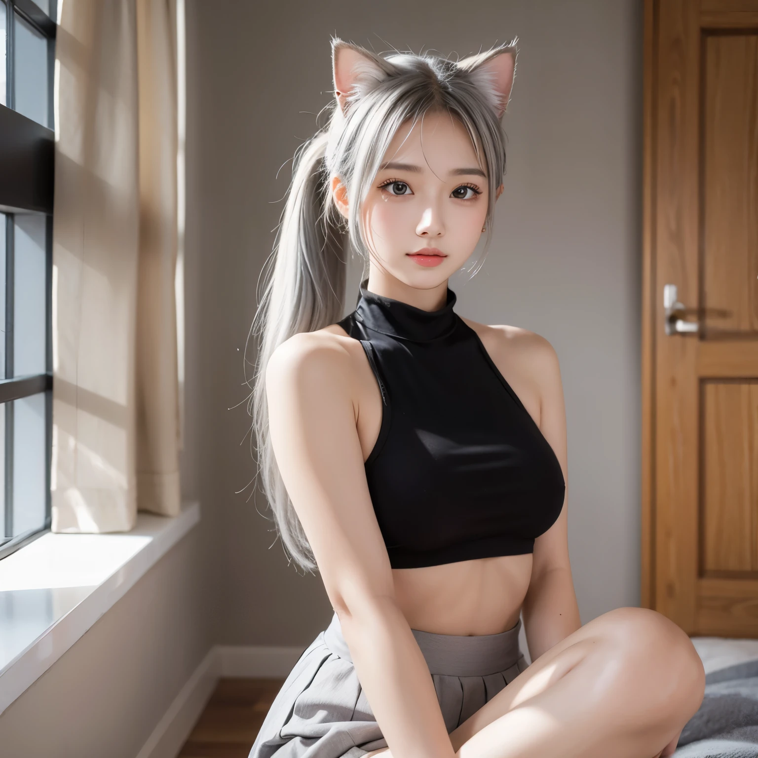 (masterpiece,  is the best quality,  high resolution: 1.2),  1 girl at home,  alone, Twin ponytails, Gray eyes,  upper body, skirt, Silver Hair, Cat ears