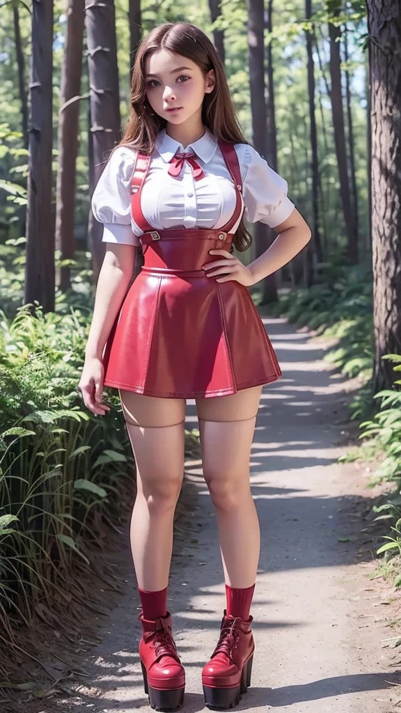  full body  , fitted figure , cute beautiful schoogirl,  beautiful cute  face with big lips ,  High Waisted red sexy  leather skater  pinafore dress,  blouse short  puffy sleeves ,  High Waisted red leather short  skater skirt, red tie , brunette long hair,  Beautiful eyes. stockings,   thick platform shoes, teenl standing in the forest ,  photorealistic, Full body