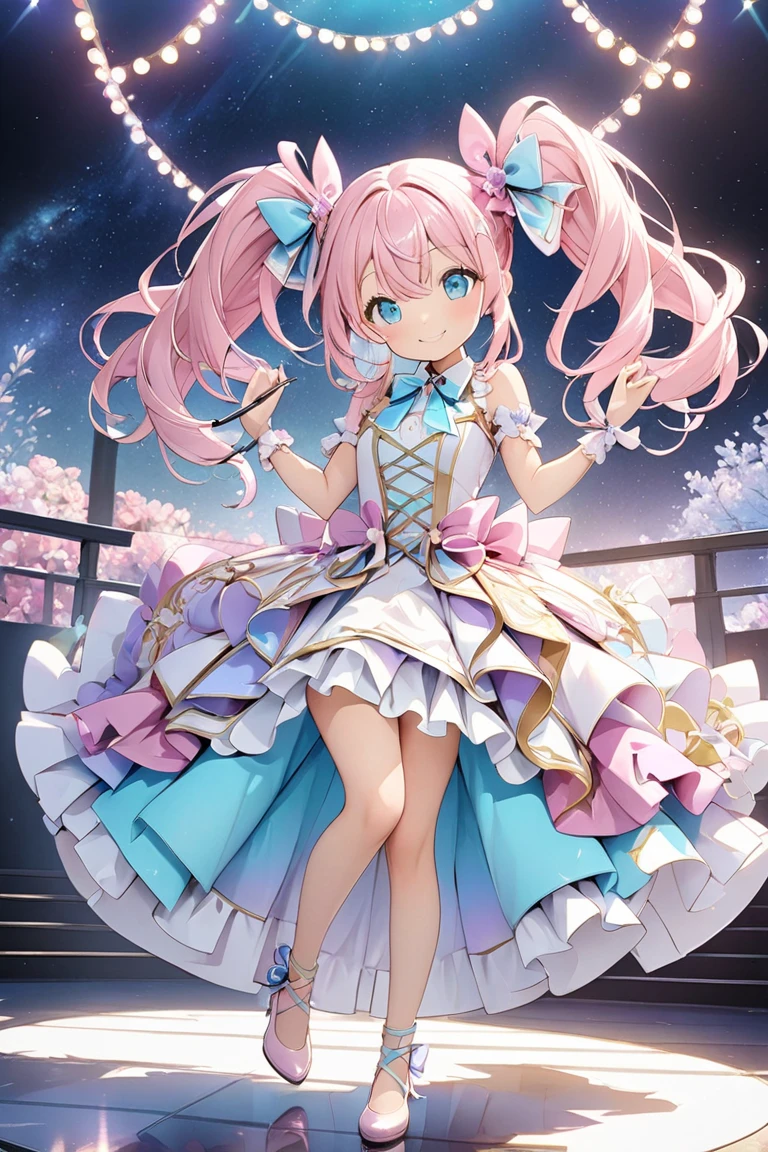 masterpiece、High image quality、 High Quality 、詳細な描写、beautiful、art、(( full body shot))、、 bright and energetic virtual idol character with twin tails 。beautifulプロポーション、The hair color is pastel pink 、Her eyes are aqua blue and 、 she has a friendly smile 。 The costume is based on white and 、 dress-like design with frills and ribbons applied in pastel purple。Knee-high、ribbon lace-up heel pumps、The cute idol that shines on the virtual stage stands out 、 has a cute atmosphere loved by fans 、Virtual space background 、 1 girl,  high definition , smile,