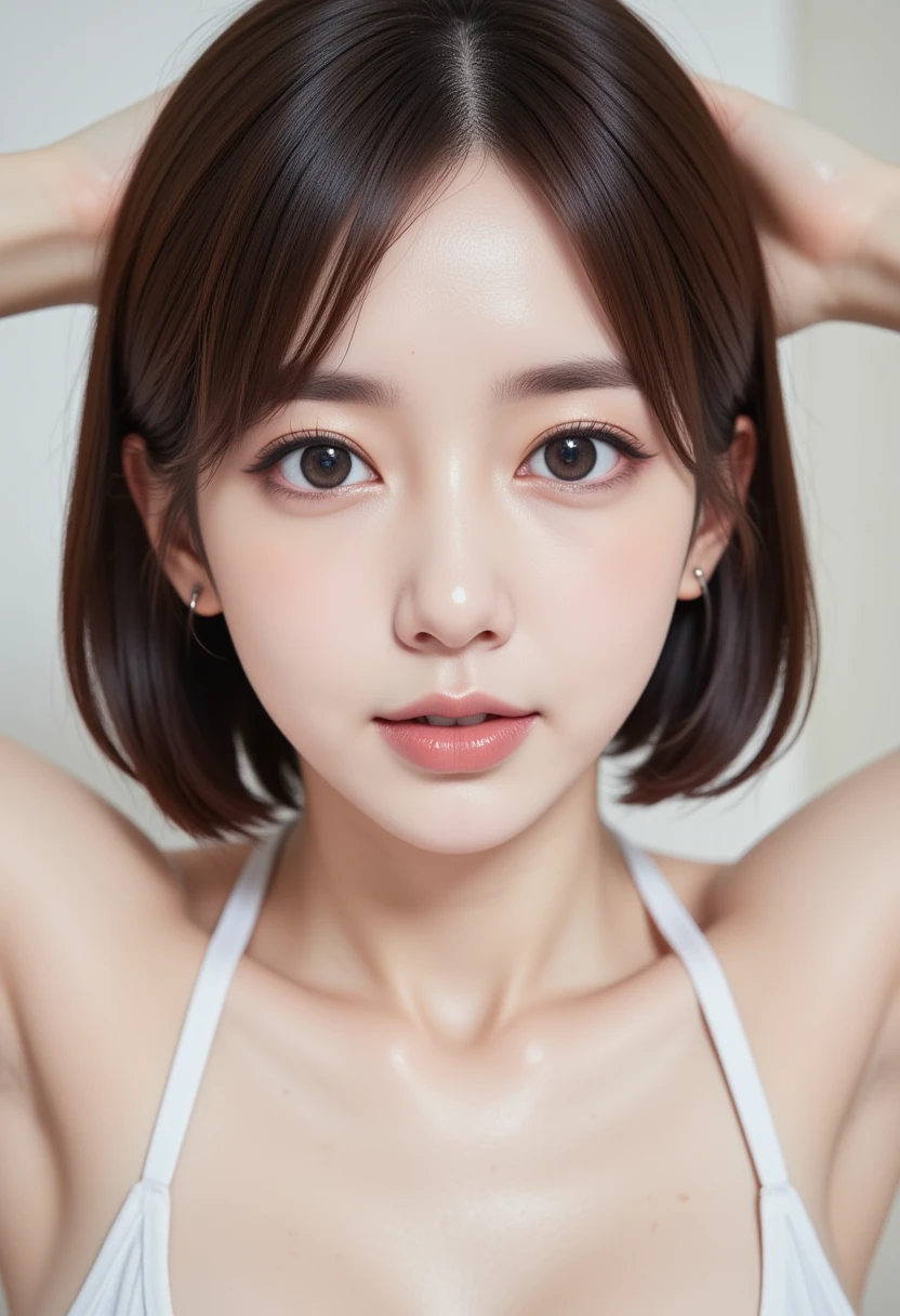 Photographs high definition, "Japaness young face Female" , white skin, beautiful chests , "shy face feeling good" , tank top, pale skin, school girl, In pretty modern dress with armory, ""looking up on camera doing push-up sweat fluid on face"", random environments, 