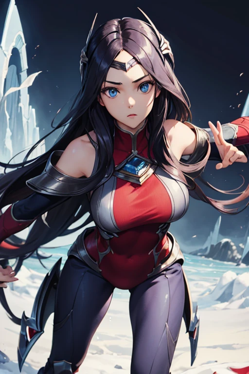 (masterpiece), best quality, expressive eyes, perfect face, highres, 1girl, solo, irelia, bodysuit, bare shoulders, forehead protector, hair ornament, armor, (leaning forward), standing, portrait, looking at the viewer,