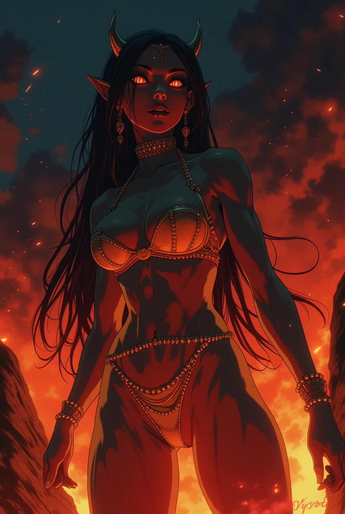 ne0nfant4sy, cowboy shot, masterpiece,  a painting of a stunningly beautiful woman, a digital artwork depicting Madison Beer as a powerful, demonic figure in a dramatic, fiery setting. The central subject is a stunningly beautiful female succubus, standing in a dynamic, almost triumphant pose. She has elongated, sharp features, including pointed ears, and glowing red eyes that emit an intense, almost sinister aura. Her hair is long and flowing, .leather bra. She wears a minimalistic, yet ornate outfit consisting of a golden, beaded belt around her waist and a matching, beaded choker around her neck. Her breasts are large and accentuated, and her physique is muscular yet feminine, with prominent muscles on her arms and legs. The background is a chaotic, fiery scene with glowing embers and sparks flying around, creating a sense of movement and intensity. The sky is a mix of dark, almost black hues with hints of orange and red, suggesting either a night scene or a scene during a volcanic eruption. The overall color palette is dominated by dark shades of red, orange, and black, enhancing the demonic and fiery atmosphere of the scene. Comic book style. looking at the viewer, seductive smile, inviting smile, 