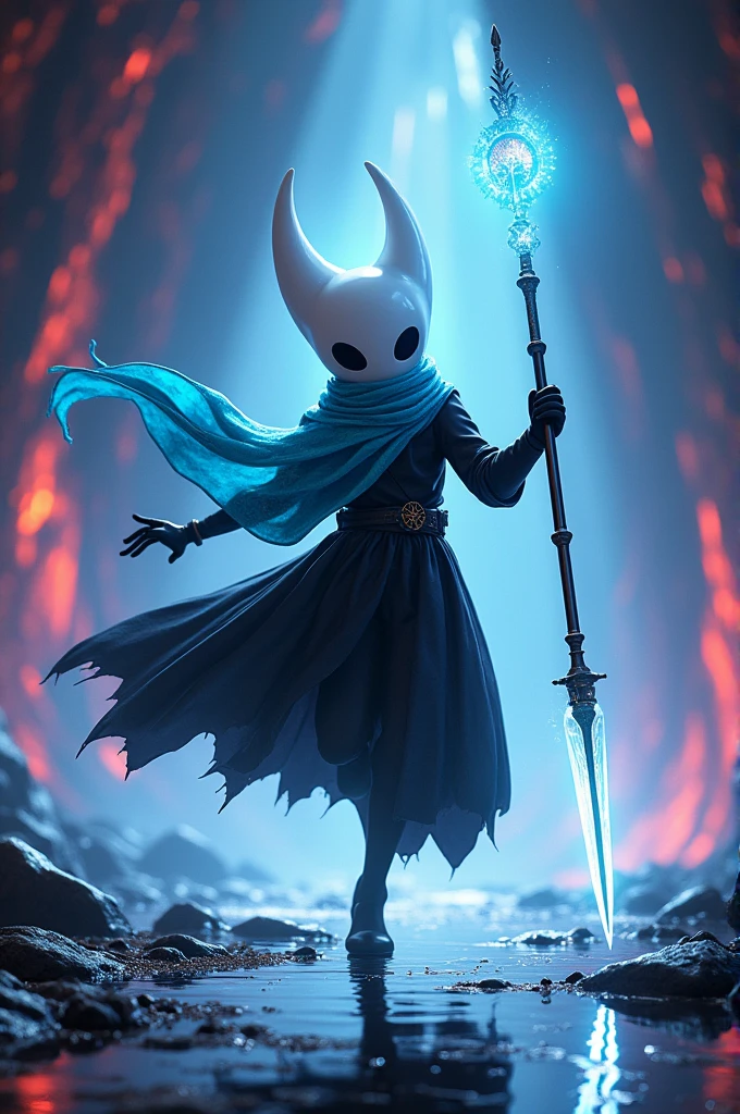 A dynamic and highly detailed version of the character inspired by Hollow Knight, featuring a glowing, high-tech RTX-like aesthetic. The character has a bright white mask with deep black eyes, a flowing light blue scarf with a brighter and clearer texture, and an intensely dark black body to create contrast. The background features dramatic lighting, with a glowing energy trail following the character's spear. The environment resembles a mystical, otherworldly cave with vibrant lighting and reflections. The style is vivid, detailed, and dynamic.