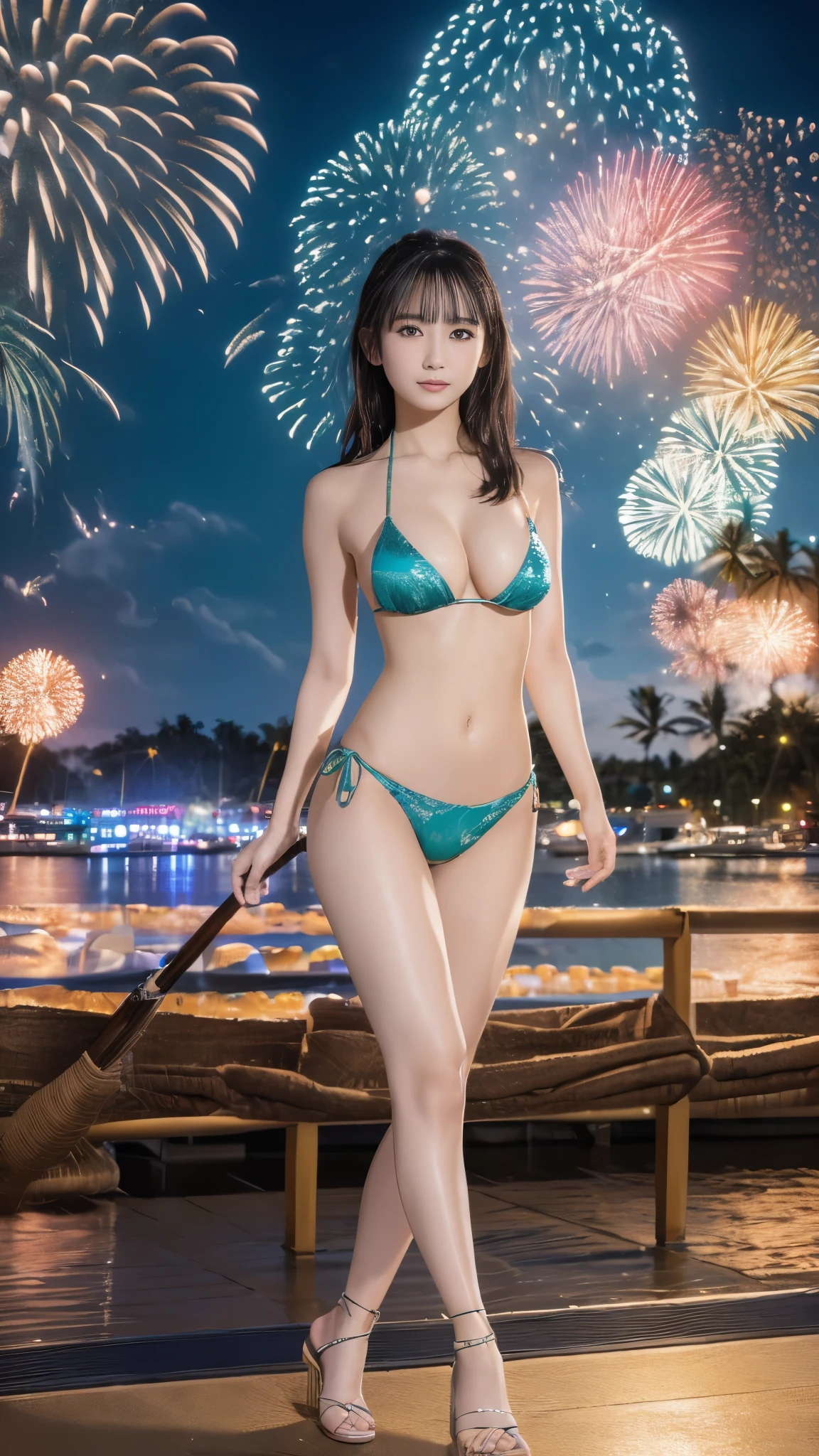 (((masterpiece， best quality， best quality，8k，16k))，(( ultra high resolution，Super detailed)))，Japanese， beautiful girls， sexy， glamorous ，Golden ratio style，bikini，  knight ， more tropical beaches than men，fireworks display，fireworks、(( more tropical beaches than menにてfireworks displayのfireworksを背景にしたスナップ写真))，