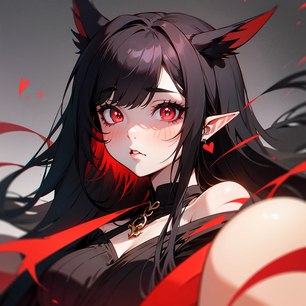 Young guy, pretty facial features, long dark purple hair, half gathered in messy ponytail, half loose, dangerous bright red eyes, black fit clothes with many jewels, fox ears and tail, mad smile