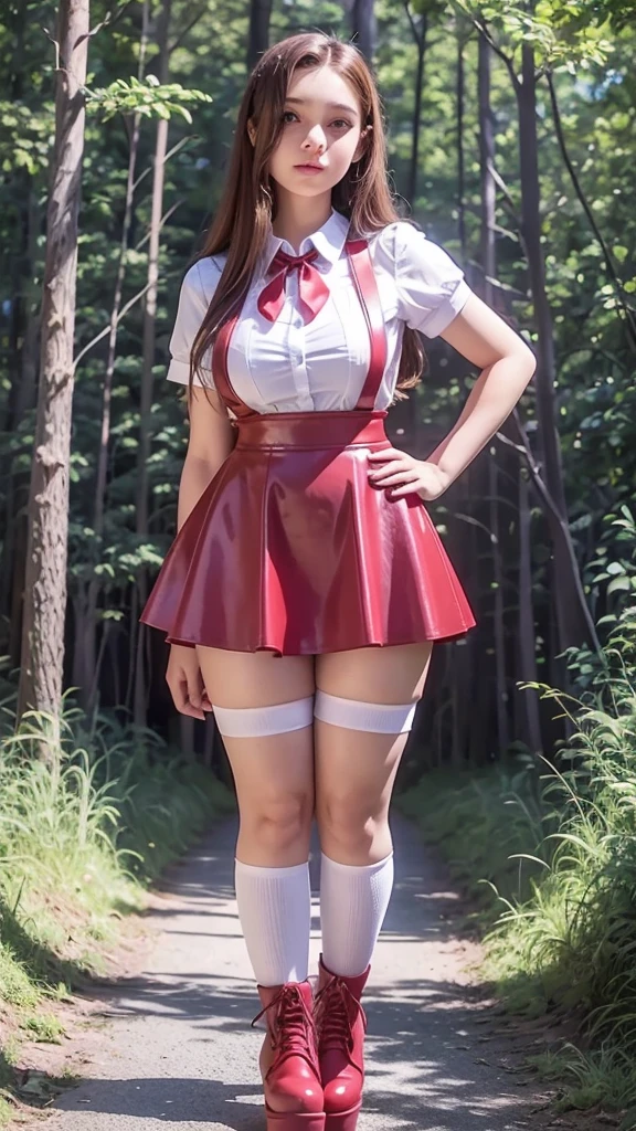  full body  , fitted figure , cute beautiful schoogirl,  beautiful cute teen face with big lips ,  High Waisted red sexy  leather skater  pinafore dress,  blouse short  puffy sleeves ,  High Waisted red leather short  skater skirt, red tie , brunette long hair,  Beautiful eyes. stockings,   thick platform shoes, teen girl standing in the forest ,  photorealistic, Full body