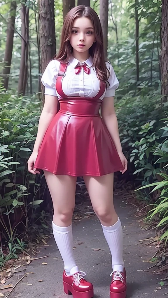  full body  , fitted figure , cute beautiful schoogirl,  beautiful cute teen face with big lips ,  High Waisted red sexy  leather skater  pinafore dress,  blouse short  puffy sleeves ,  High Waisted red leather short  skater skirt, red tie , brunette long hair,  Beautiful eyes. stockings,   thick platform shoes, teen girl standing in the forest ,  photorealistic, Full body