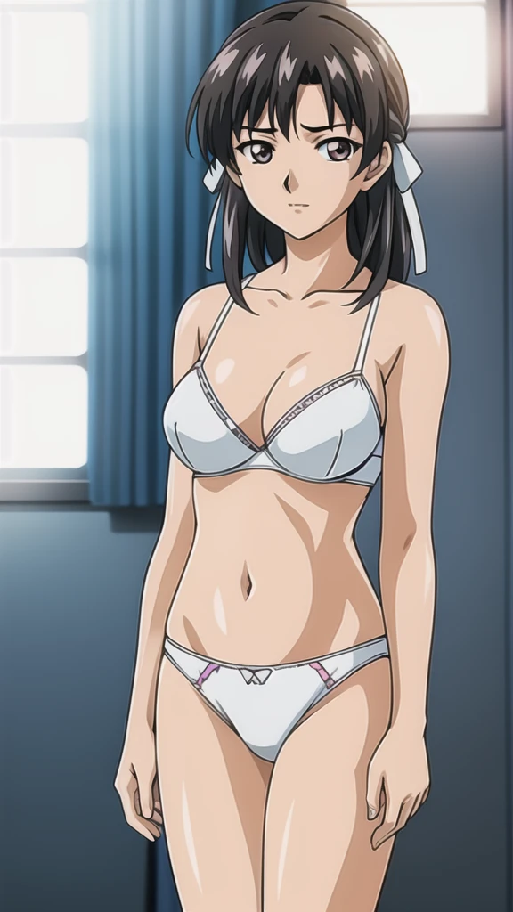 1girl, black hair, medium breast, navel, white bra, cute, indoors, locker room, cowboyshot, upper body, perfect anatomy, undressing panties, panties pulled down, white panties