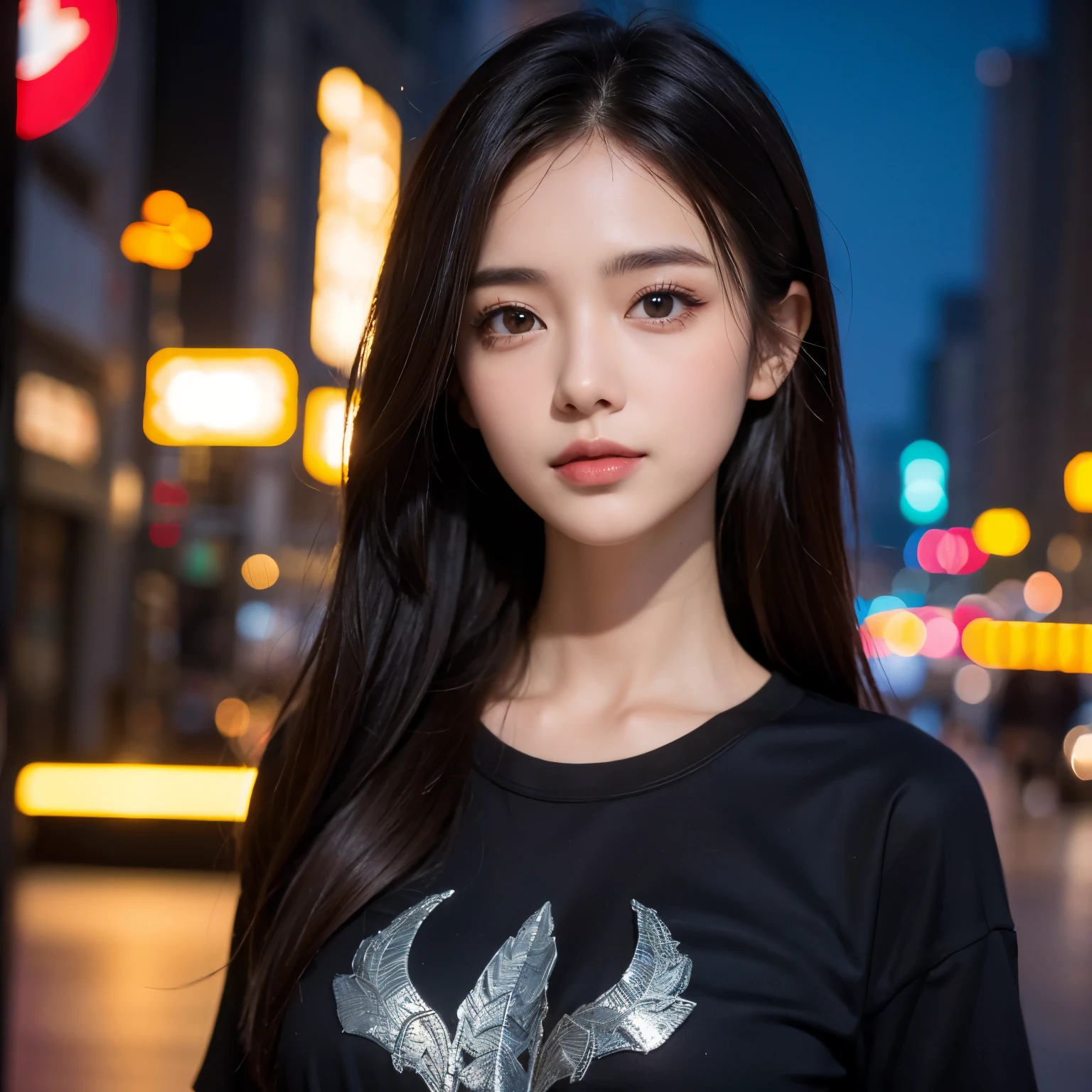 ( is the best quality,  high resolution, masterpiece :1.3),  a beautiful woman ,  slim figure ,  dark brown hair , t-shirt, (Night on city streets ),  highly detailed facial and skin textures,  careful eye , Double eyelids