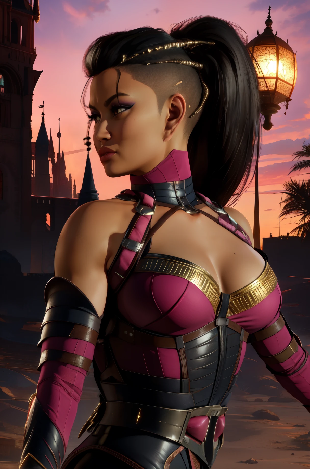 mileena, black hair, ponytail, lips,  brown eyes, pink bodysuit,
standing,upper body,  hair ornament, cowboy shot, 
 looking at viewer,
night,  royal castle, 
(insanely detailed, beautiful detailed face, masterpiece, best quality),
 