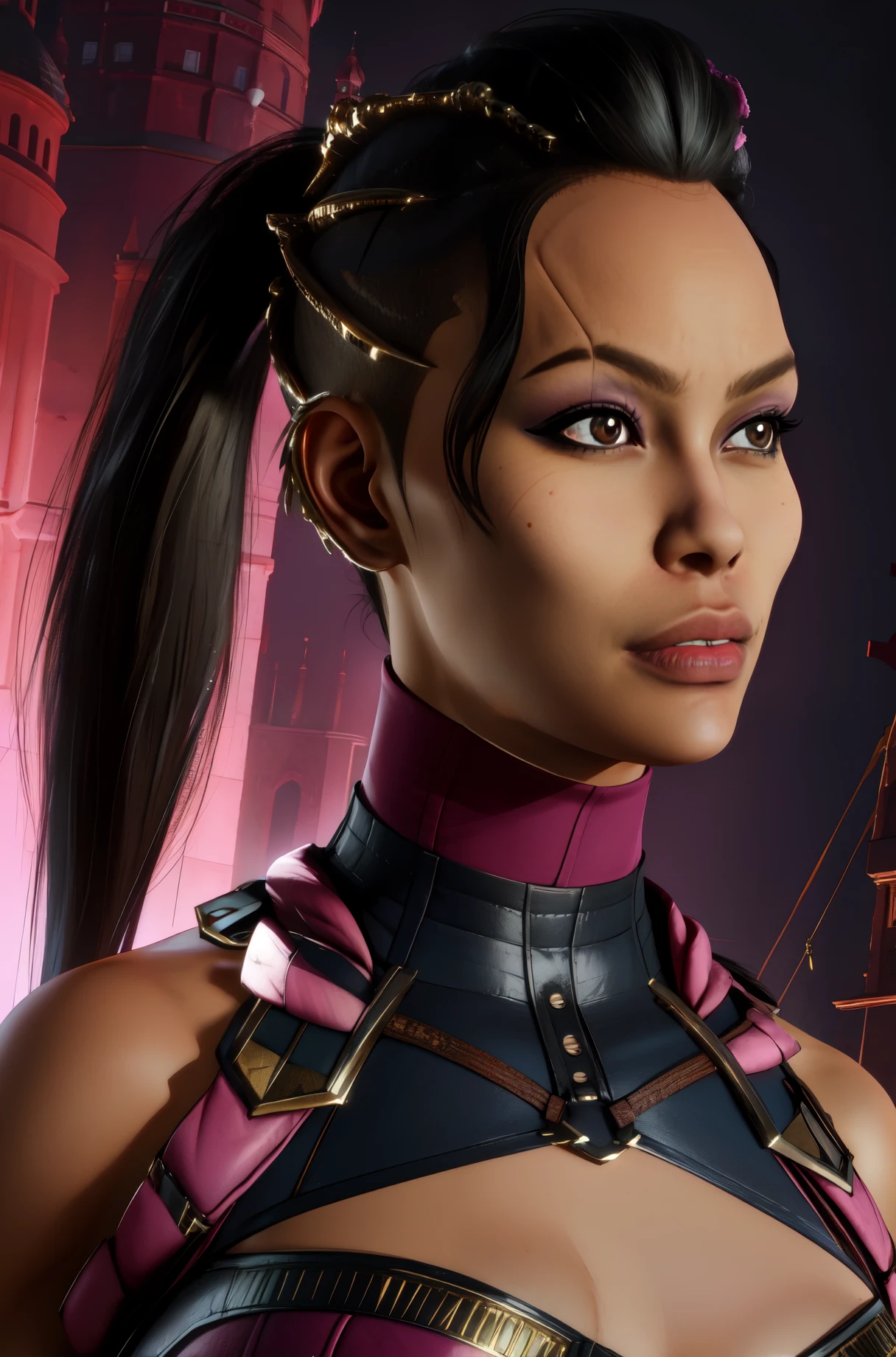 mileena, black hair, ponytail, lips,  brown eyes, pink bodysuit,
standing,upper body,  hair ornament, cowboy shot, 
 looking at viewer,
night,  royal castle, 
(insanely detailed, beautiful detailed face, masterpiece, best quality),
 