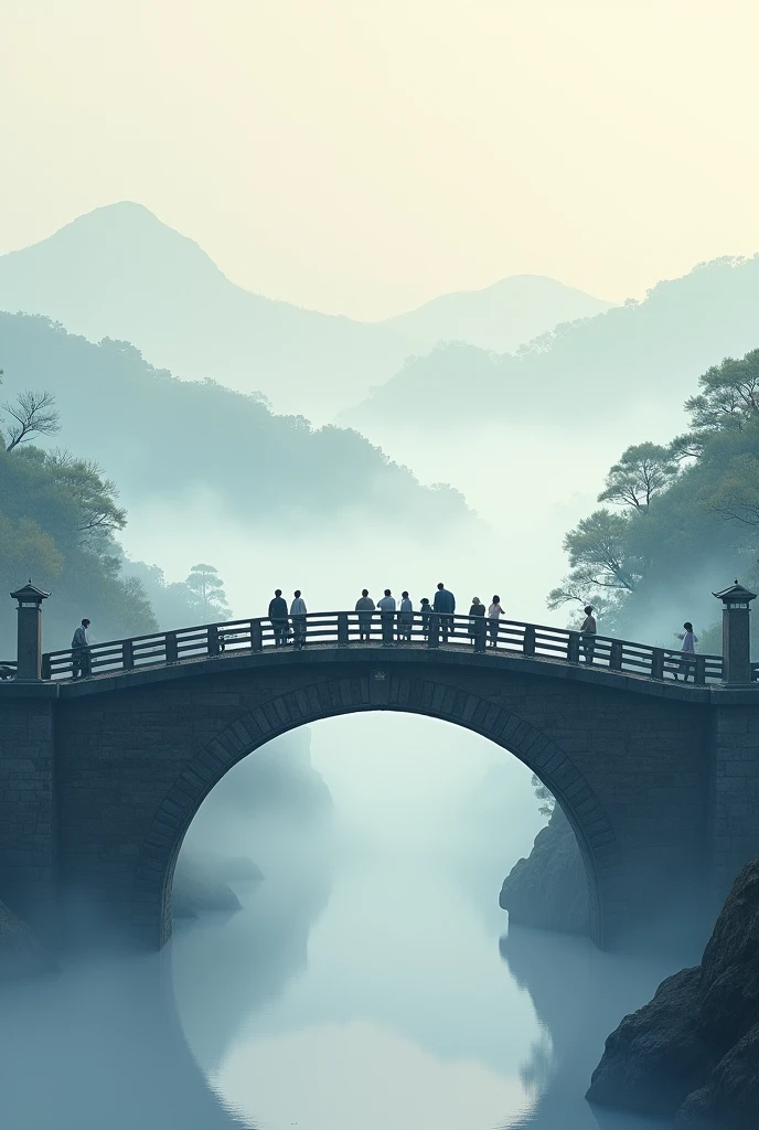 Realistic, theme is "Old bridge shrouded in fog", old bridge shrouded in fog, Megane-Bashi Bridge, many people passing by, Japanese Ukiyo-e style, artwork, watercolor brush painting, ink painting, sophisticated design, 8K quality