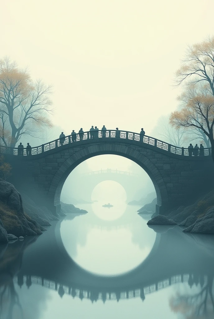 Realistic, theme is "Old bridge shrouded in fog", old bridge shrouded in fog, Megane-Bashi Bridge, many people passing by, Japanese Ukiyo-e style, artwork, watercolor brush painting, ink painting, sophisticated design, 8K quality