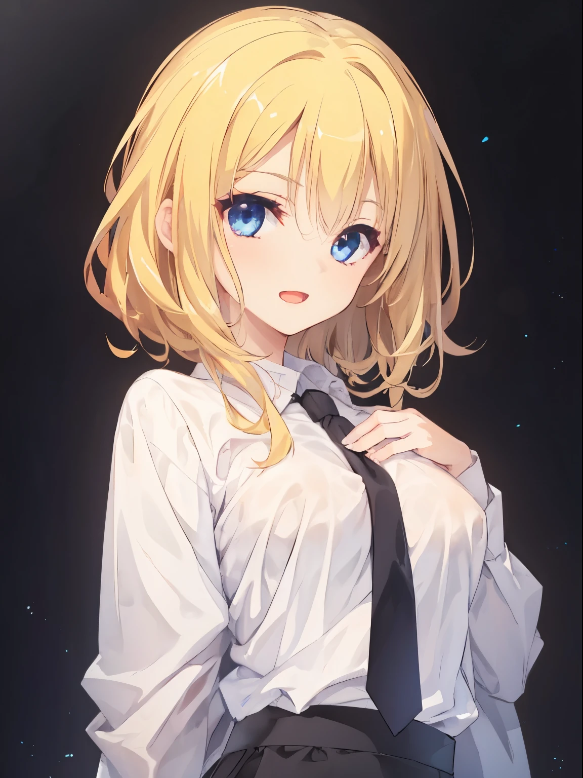 (open mouth, [gentle smile]), Japan, 1 girl, upper body, (facing viewer, looking viewer), standing straight, (blue eyes, (blonde hair), (wavy hair:0.65), medium hair, medium breast), (white shirt, black necktie, black pencil skirt), (gray background), Sharp Focus, (Best Quality, masterpiece, detailed, facial focus), hand on own chest, (detailed hand), (solo shot)