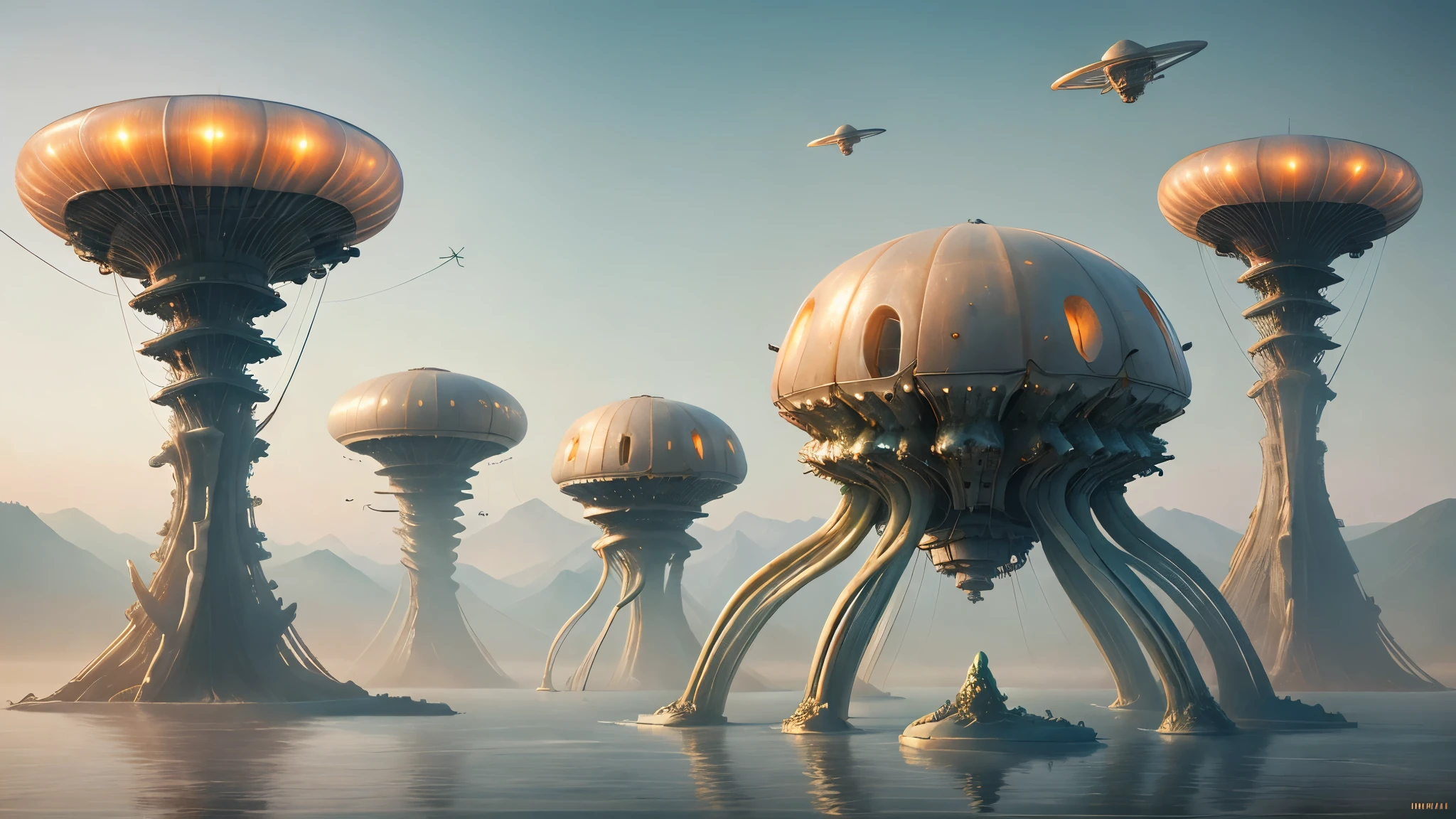 Insanely Detailed MOTHER SHIPS OF THE ALIENS INVASION Biomechanical JELLYFISH MADE OF WHITE PALE SLIME, Painting By Ismail_Inceoglu Tom Bagshaw Dan Witz CGSociety Fantasy Art 4K