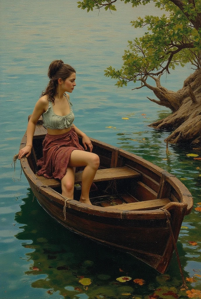 edward hopper style, woman in an old, painted rowboat, in a marsh, sunrise