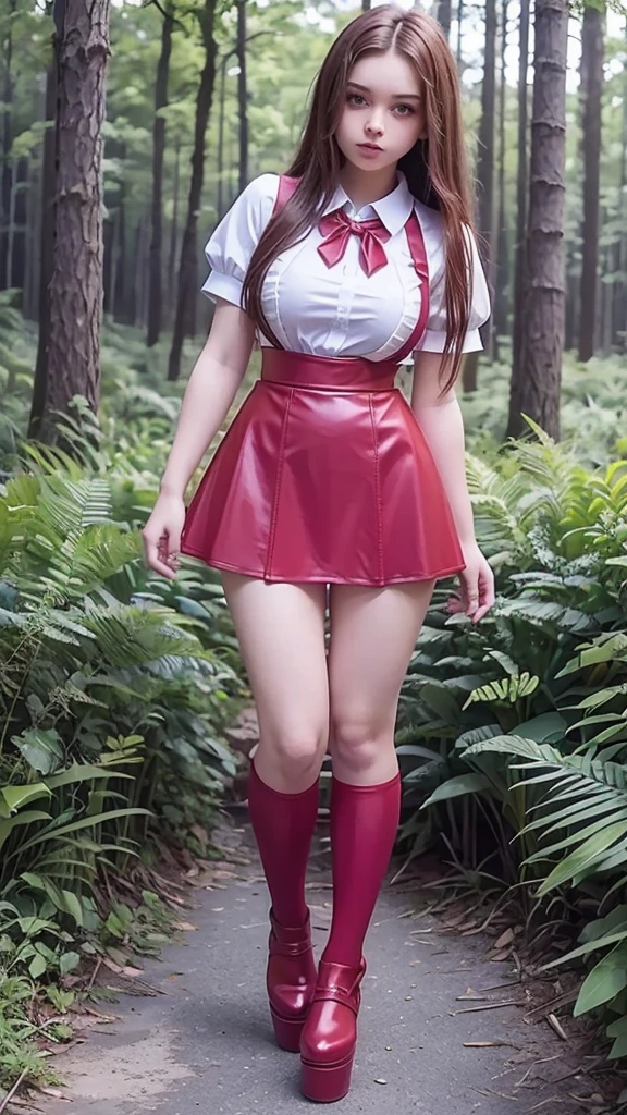  full body  , fitted figure , cute beautiful schoogirl,  beautiful cute **** face with big lips ,  High Waisted red sexy  leather skater  pinafore dress,  blouse short  puffy sleeves ,  High Waisted red leather short  skater skirt, red tie , brunette long hair,  Beautiful eyes. stockings,   thick platform shoes, **** girl standing in the forest ,  photorealistic, Full body