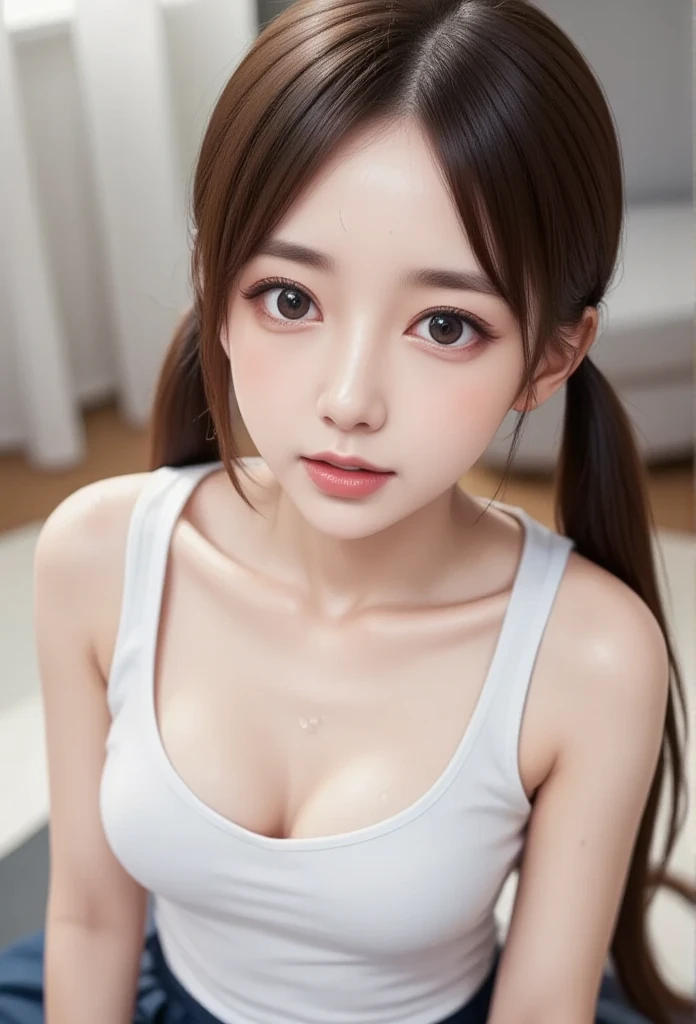 Photographs high definition, "Japaness young face Female" , white skin, beautiful chests , "shy face feeling good" , tank top, pale skin, school girl, In pretty modern dress with armory, ""looking up on camera doing push-up sweat fluid on face"", random environments, 