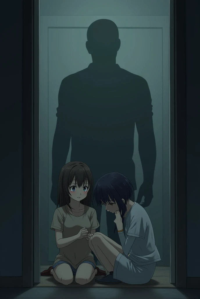 Aquí tienes el prompt para ilustrar la escena final del capítulo:

"A detailed anime-style illustration depicting a tense and eerie nighttime scene. In a dimly lit bedroom, Ron stands confidently with a smug expression, facing three women in camisones: Mía