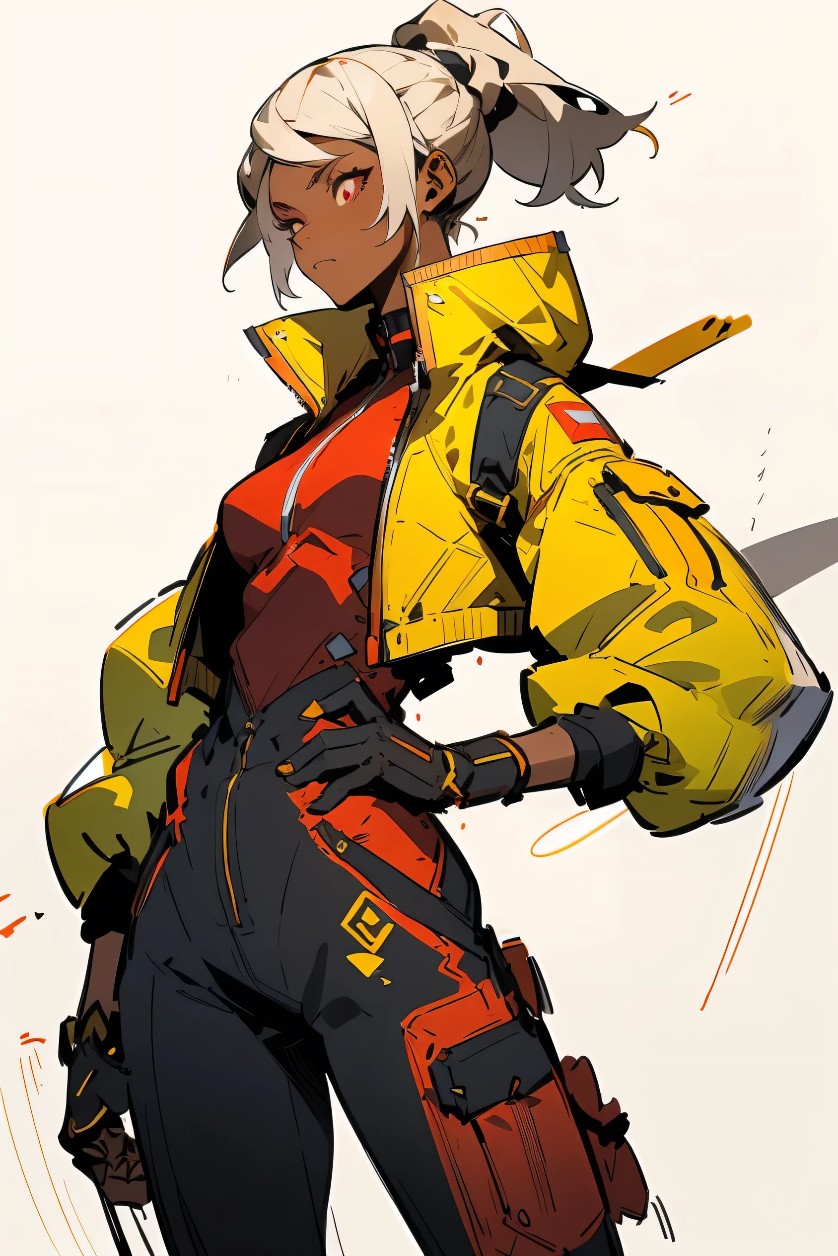Midly Muscular darkskin woman fantasy clothes, white short hair in a ponytail, red eyes, yellow jacket, black cargo pant, intricate pencil sketch, expressive eyes and nose and mouth, un-zoom, highly detailed, dynamic pose, white background