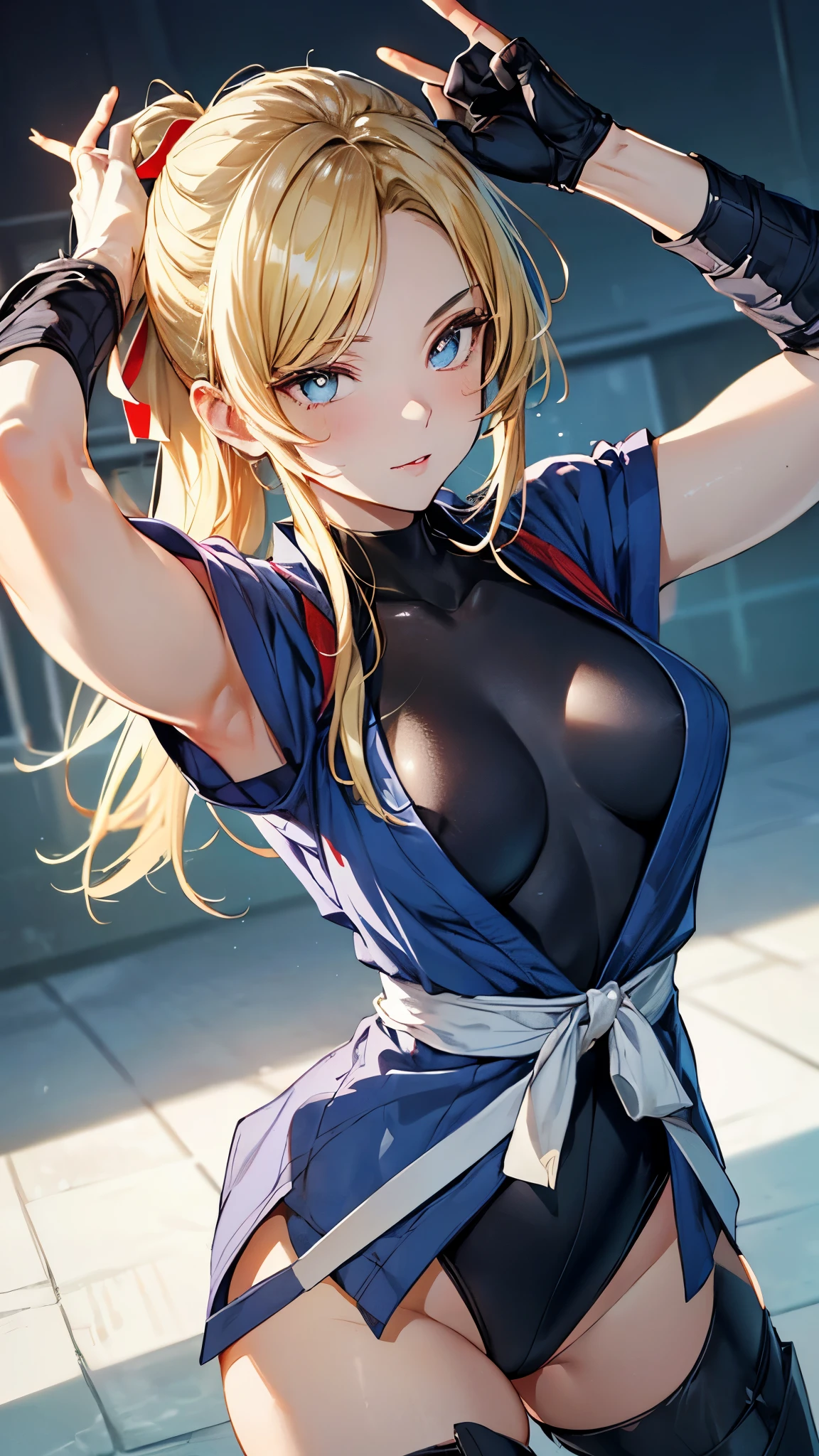 RachealMC, blonde hair,ponytail,(blue dougi , black leotard),highleg, white belt, red ribbon, fingerless gloves, long boots, white headband,tabi,masterpiece,Noise Reduction,perfect anatomy,high resolution, ultra-detailed, ultra-detailed face,game cg,dutch angle ,beautiful detailed eyes,visualart,five fingers, perfect hands, perfect lighting, sparkling pupils,(highly detailed:1.5),