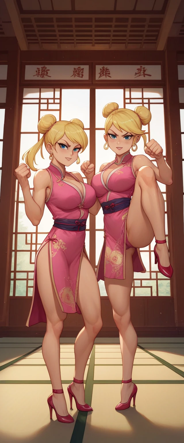 lola loud, 2girl, duo, 24yo girl, large breasts, pink cheongsam,  inside of a chinese temple, looking at viewer, blonde hair, two hair buns , hands  score_9, score_8_up, score_7_up, high heels, teep fighting stance,martial arts, chest window, twins