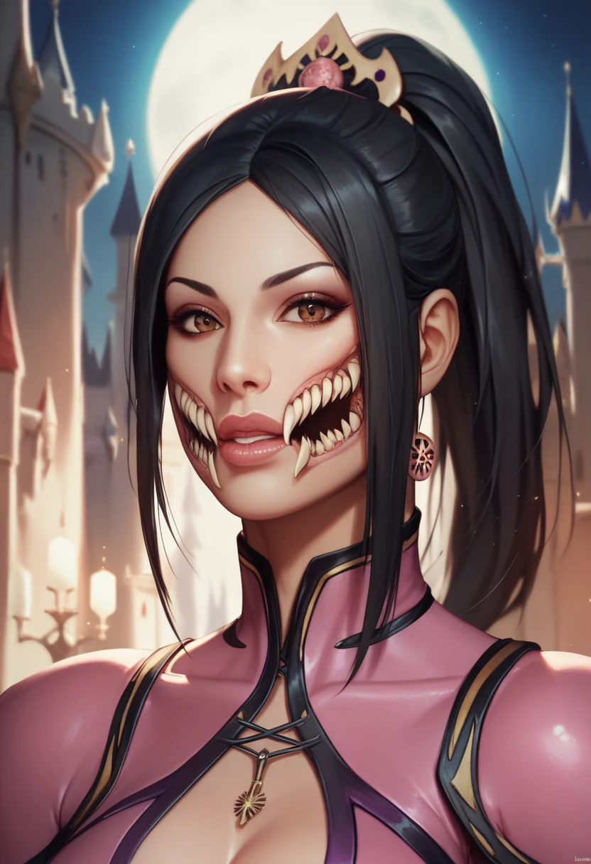 ((Closeup face focus)), (Cinematic photo: 1. 3), A Tiefling with long thin twisted horns, dark red skin, curly black hair, an evil smile, glowing yellow eyes, lion fangs in the role of a Joker\(Joker 2019\), stands in a leather coat with metal chains, brass buttons against the background of a medieval city's night street, ((Portreitshoot)) directional look, cinematic composition, (intricately detailed, fine details, hyperdetailed), ultra-detailed, (backlight:1. 2) intricate, style-empire, (lens flare:0.7), particle effects, raytracing, cinematic lighting, shallow depth of field, photographed on a Sony Alpha 1, 50mm wide angle lens, sharp focus, cinematic film still, absurdity, 8k quality, diffuse lighting, highres, (dark shot:1.17), epic realistic, faded, ((neutral colors)), art, (hdr:1.5), (muted colors:1.2), hyperdetailed, (artstation:1.5), cinematic, (rutkowski), warm lights, dramatic light, (intricate details: 0.8)