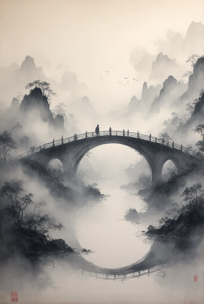 (( Surprisingly Weird  )),(masterpiece:1.2),超 HD ,  Pay attention to details ,   high quality  ,  HD , 最  high quality  , 4K, 8K、 Landscape Painting、Bridge in the Mist  、 Black and white 、  An Eerie and Mysterious Work