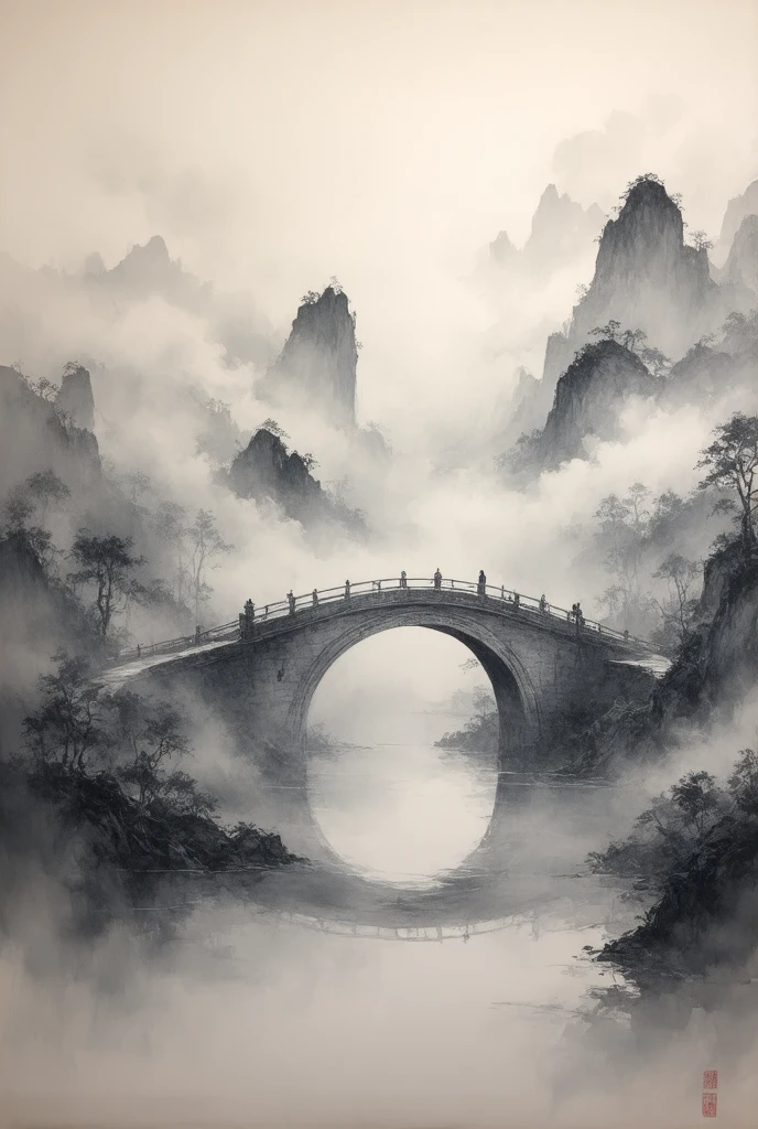 (( Surprisingly Weird  )),(masterpiece:1.2),超 HD ,  Pay attention to details ,   high quality  ,  HD , 最  high quality  , 4K, 8K、 Landscape Painting、Bridge in the Mist  、 Black and white 、  An Eerie and Mysterious Work