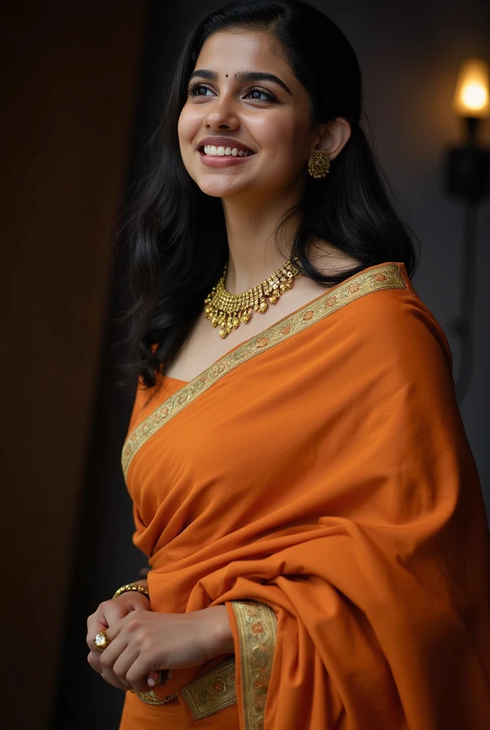 a beautiful young woman wearing an orange sari with a gold border, no blouse, revealing an orange bra, in an erotic bridal look, standing in front of a mirror removing her gold jewelry, 1girl, detailed face, detailed eyes, detailed lips, long eyelashes, detailed skin, detailed jewelry, detailed sari, detailed bra, detailed hands, detailed feet, dramatic lighting, cinematic lighting, warm colors, highly detailed, photorealistic, ultra-detailed, 8k, masterpiece, professional photography