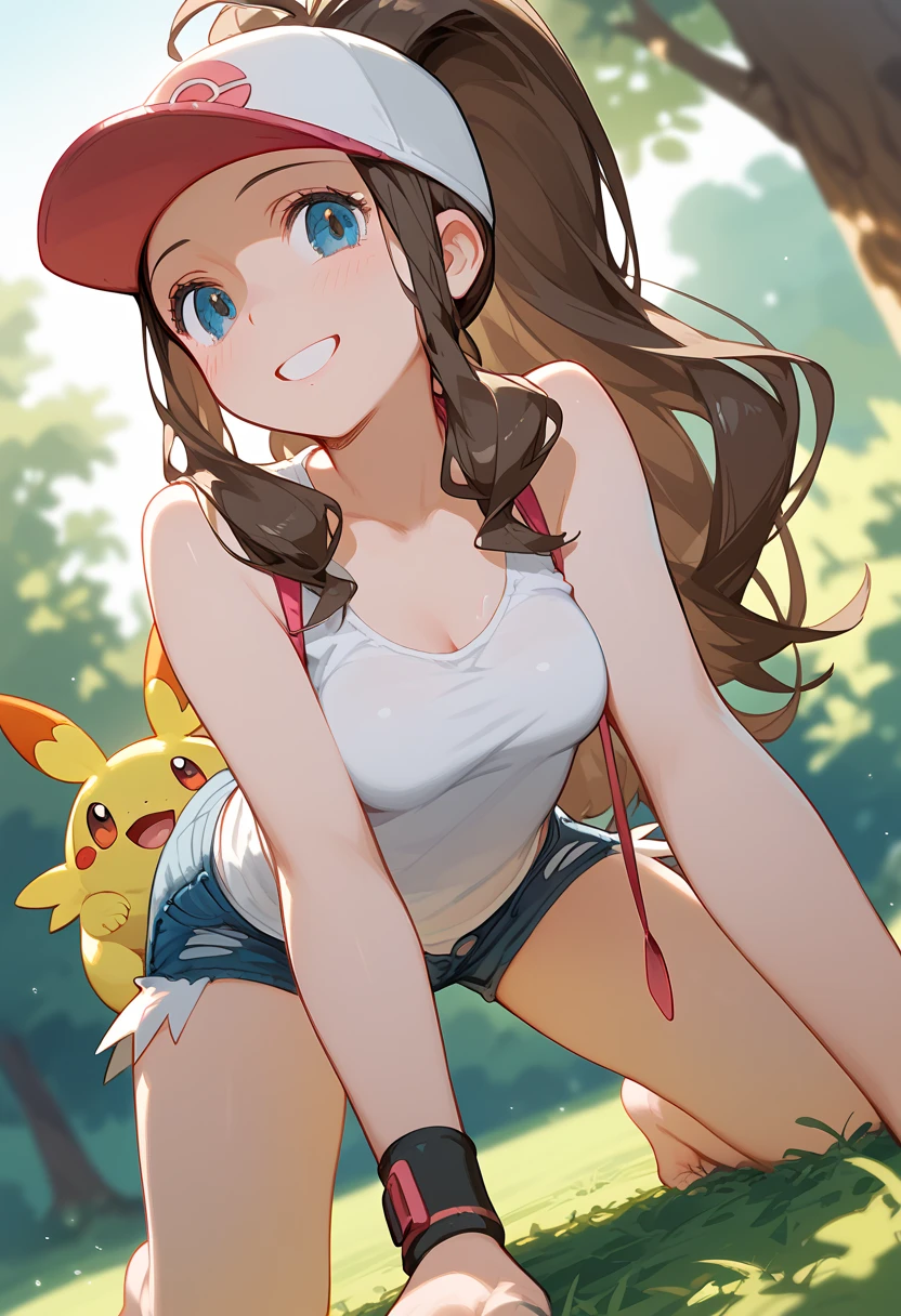 hilda( Pokémon)、  ponytail , hat、 tank top、 denim shorts 、 Pokémon用ポーチ、
 best quality,  high definition , 1 girl, cute,   smaller ,
 on all fours,Spread your legs、 angle from behind 
smiling, Outdoor, morning, noon,
