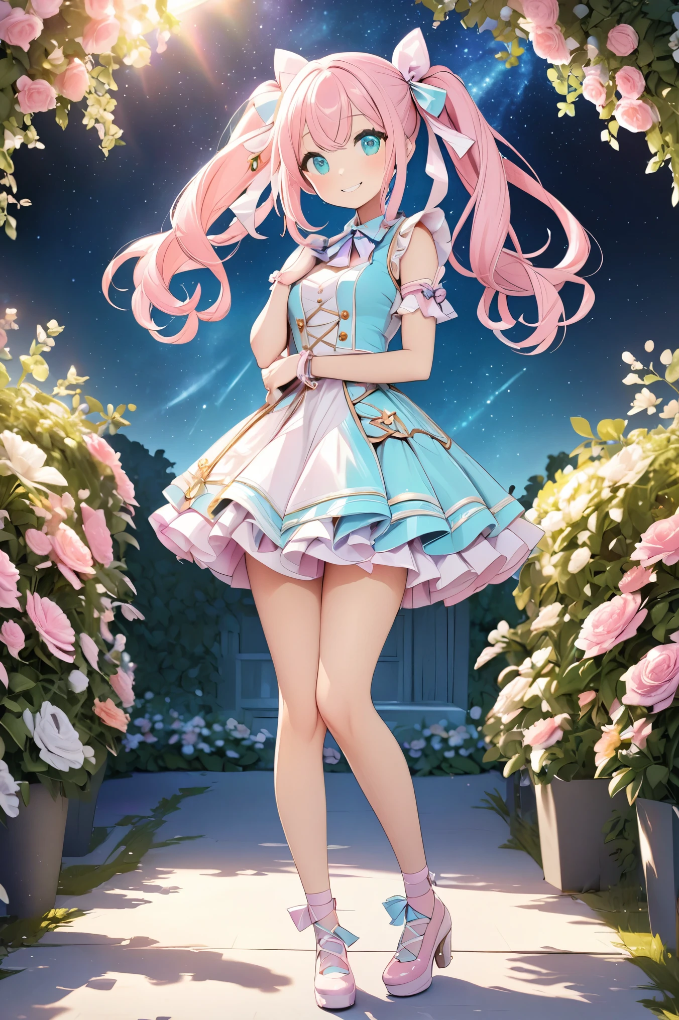 masterpiece、High image quality、 High Quality 、詳細な描写、beautiful、art、(( full body shot))、、Stylish、 bright and energetic virtual idol character with twin tails 。beautifulプロポーション、The hair color is pastel pink 、Her eyes are aqua blue and 、 she has a friendly smile 。 The costume is based on white and 、 dress-like design with frills and ribbons applied in pastel purple。Knee-high、ribbon lace-up heel pumps、The cute idol that shines on the virtual stage stands out 、 has a cute atmosphere loved by fans 、Virtual space background 、 1 girl,  high definition , smile,