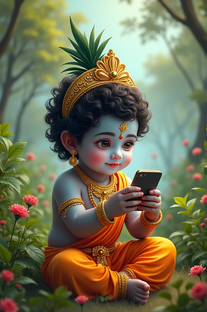 Little krishna with smart mobile 
