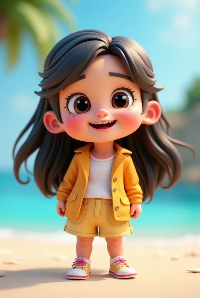 Girl in blazer skirt and sneakers sitting on a tiny beach ball