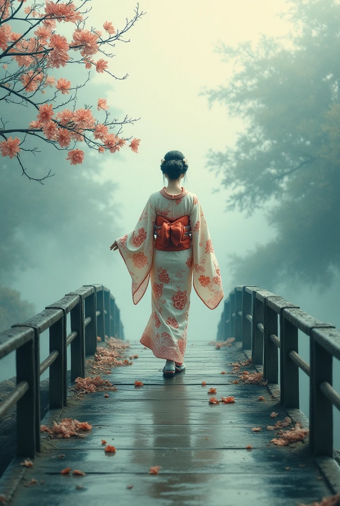 Realistic, theme is "Old bridge shrouded in mist", old bridge shrouded in mist, beautiful woman in kimono crossing the bridge towards us, close-up on woman, Japanese ukiyo-e style, artwork, watercolor brush painting, ink painting, sophisticated design, 8K quality