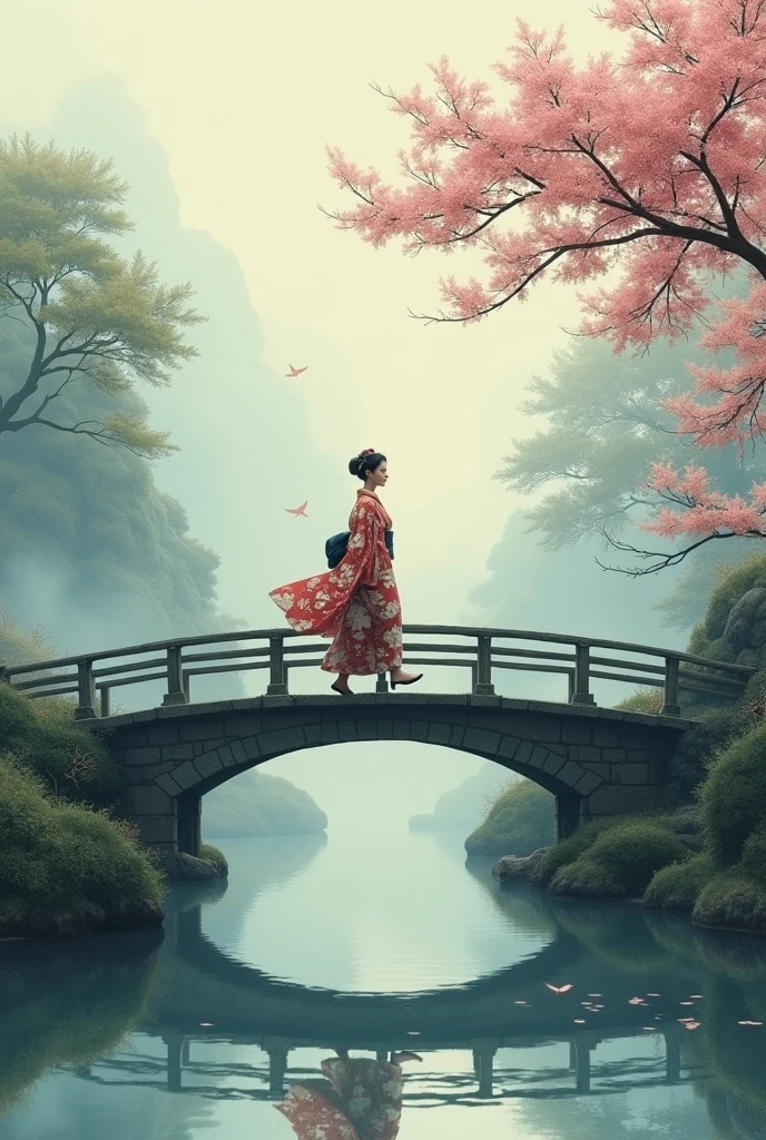 Realistic, theme is "Old bridge shrouded in mist", old bridge shrouded in mist, beautiful woman in kimono crossing the bridge towards us, close-up on woman, Japanese ukiyo-e style, artwork, watercolor brush painting, ink painting, sophisticated design, 8K quality