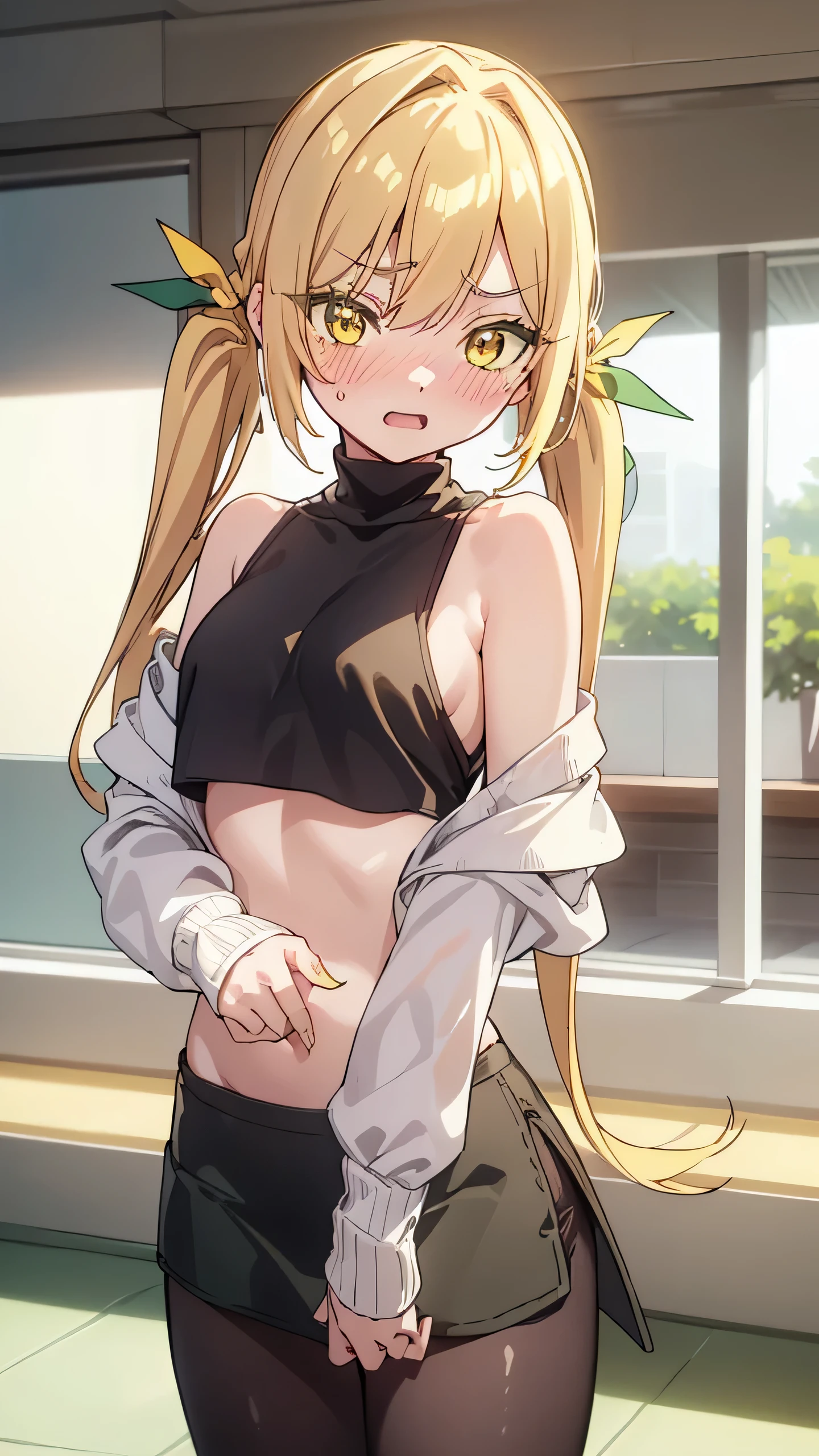 karaneinda, karane inda, blonde hair, (yellow eyes:1.5), hair ribbon, twintails, low twintails, long hair, (green ribbon:1.2), open mouth, embarrassed, (((blushing))),
((Crop top)), sleeveless, nude, off shoulder, mall, shopping, ((pencil skirt)), ((tights)), small boobs, embarassed, blushing, looking at viewer, (cowboy shot:1.5), (masterpiece:1.2), best quality, high resolution, unity 8k wallpaper, (illustration:0.8), (beautiful detailed eyes:1.6), extremely detailed face, perfect lighting, extremely detailed CG, (perfect hands, perfect anatomy),