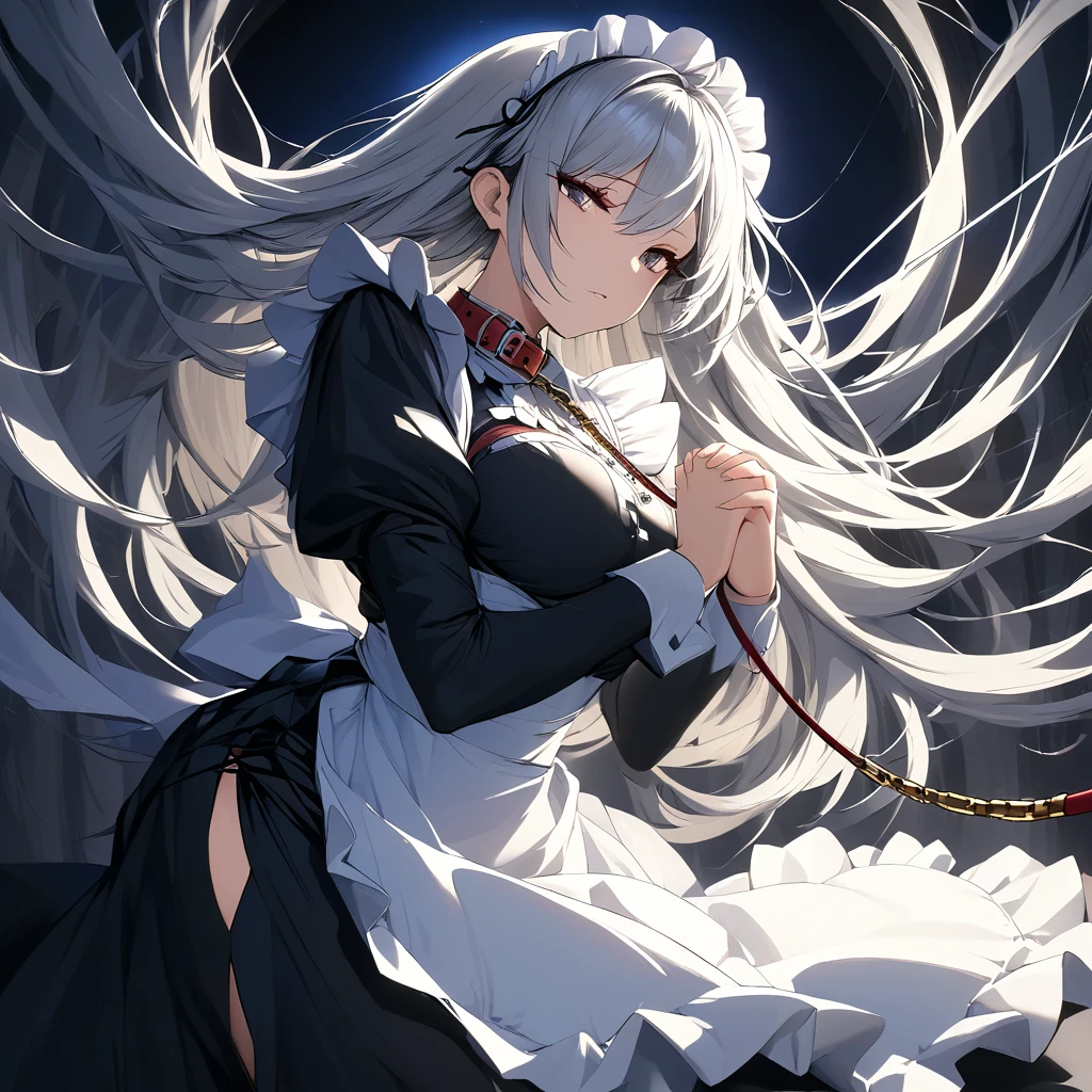 Masterpiece, Very detailed, Ultra-detailed, one tall mature beautiful maid woman. Masterpiece, Very detailed, Ultra-detailed, long lovely silver hair. beautiful dark eclipse-like eyes, her irises are black with a golden outline, her pupils are surrounded by a glowing white light. well endowed. Wearing a collar and leash. wearing chains all over her body. long Victorian maid dress with a long slit in the side going down. Dark-radiance emanating from her. her hands are clasped together.