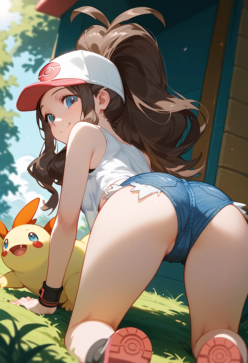 hilda( Pokémon)、  ponytail , hat、 tank top、 denim shorts 、 Pokémon用ポーチ、
 best quality,  high definition , 1 girl, cute,   smaller ,
 on all fours,Spread your legs、 angle from behind 
smiling, Outdoor, morning, noon,
