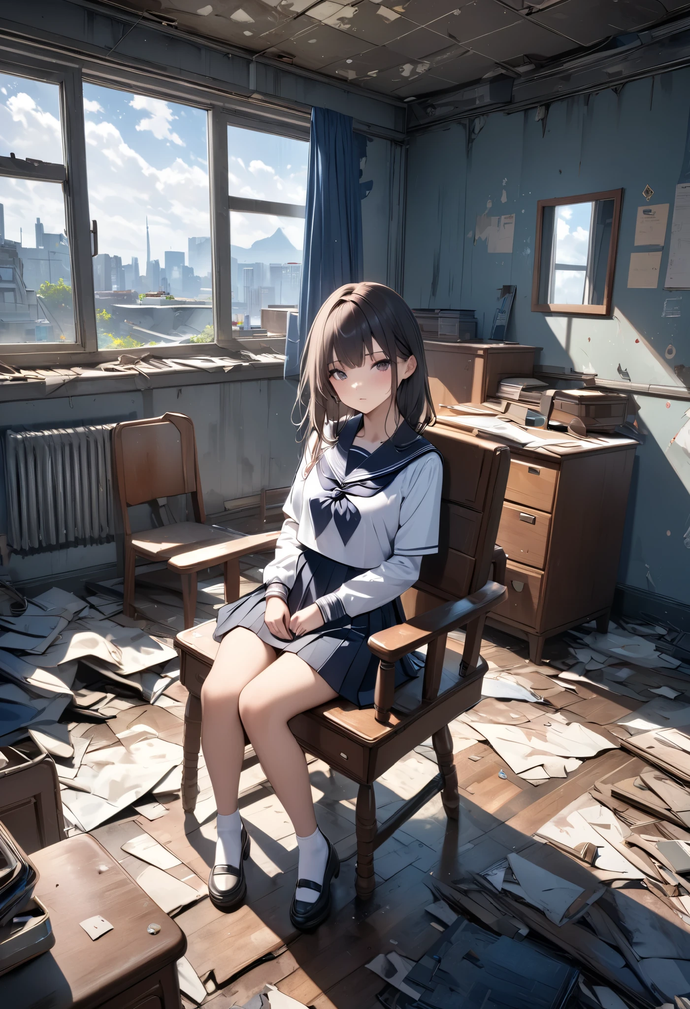 masterpiece, best quality, 8k, highres, ultra-detailed, HDR, UHD, 1girl,school sailor,sitting chair,derelict room,looking at window